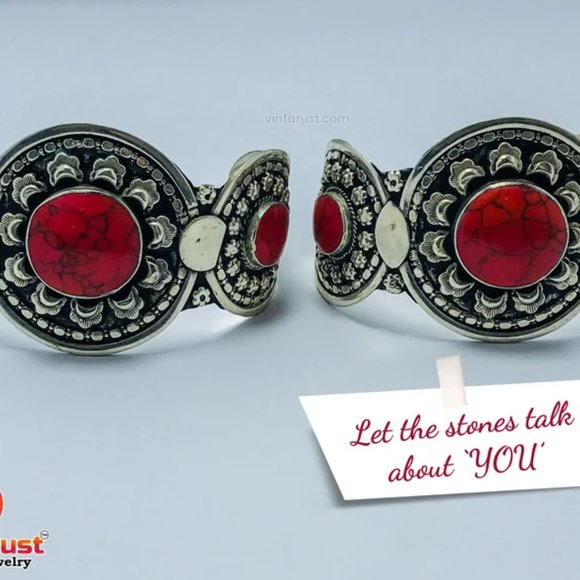 Single Afghan Coral Stone Cuff Bracelet: Antique Kuchi Tribal Jewelry - Picture 3 of 7